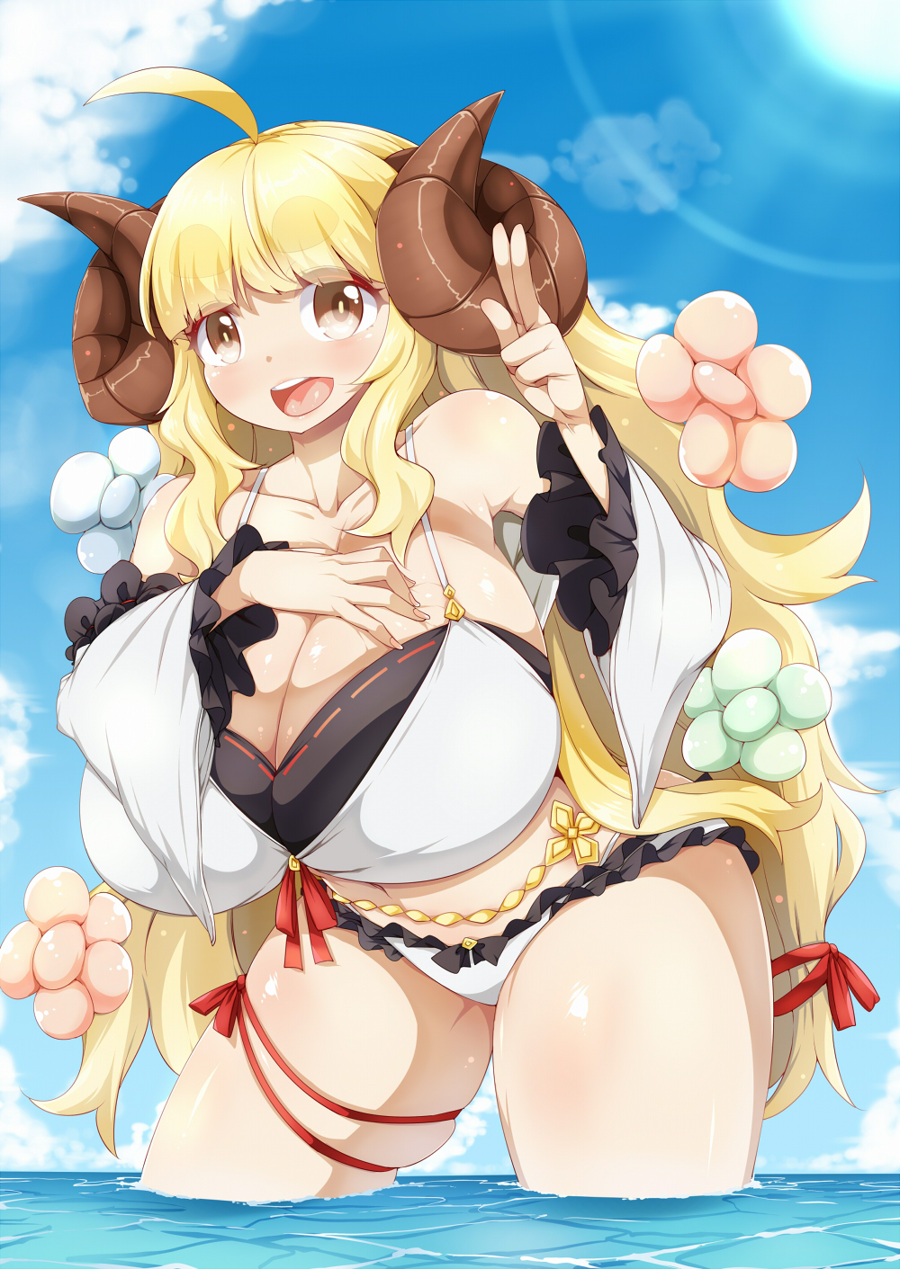 1girl ahoge anila_(granblue_fantasy) belly_chain bikini blonde_hair blush breasts clouds cloudy_sky curled_horns detached_sleeves draph eyebrows_visible_through_hair frilled_bikini frilled_sleeves frills granblue_fantasy highres hikimayu horns huge_breasts jewelry layered_bikini lens_flare long_hair ocean open_mouth raiden_(raiden_labo) ribbon skindentation sky solo sun swimsuit thick_thighs thigh_ribbon thighs v very_long_hair wading yellow_eyes
