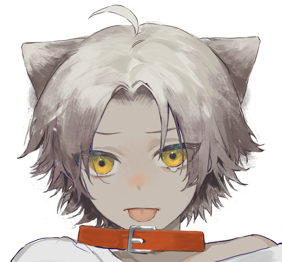 1boy ahoge animal_ears cat_ears collar commentary_request face grey_hair looking_at_viewer male_focus original portrait short_hair simple_background solo tearing_up tears tongue tongue_out torino_kawazu white_background yellow_eyes