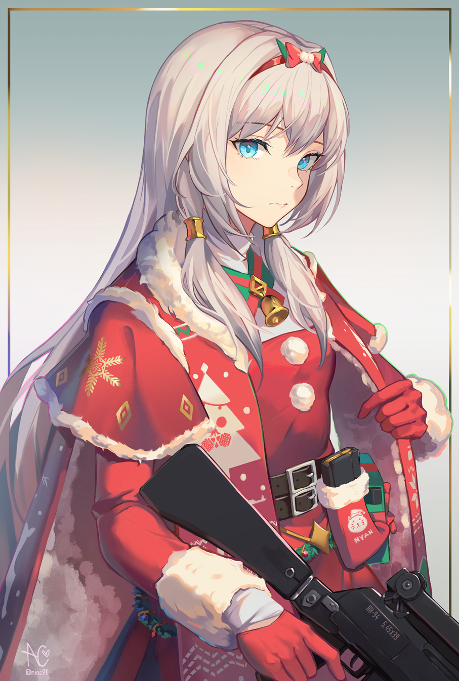 1girl alternate_costume an-94 an-94_(girls'_frontline) artist_name assault_rifle bangs bell belt belt_buckle black_belt blue_eyes box buckle bullet cape christmas christmas_dress christmas_ornaments closed_mouth commentary defy_(girls'_frontline) dress english_commentary expressionless eyebrows_visible_through_hair feet_out_of_frame fur-trimmed_cape fur_trim gift gift_box girls_frontline gloves gun hair_ornament hairband hairclip highres holding holding_gun holding_weapon kalashnikov_rifle light_blue_eyes long_hair long_sleeves looking_at_viewer magazine_(weapon) merry_christmas neck_bell niac parted_lips platinum_blonde_hair red_cape red_dress red_gloves red_hairband revision rifle sidelocks simple_background solo standing upper_body weapon