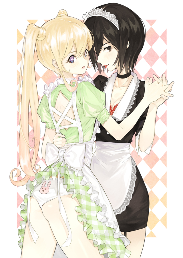 2girls apron back back_cutout black_choker black_hair blonde_hair blue_eyes blush bow bra bra_peek brown_eyes choker closed_mouth clothing_cutout collarbone comiket_87 diamond_cutout frills gradient gradient_eyes hand_on_another's_waist heart heart-shaped_pupils holding holding_hands long_hair looking_at_viewer looking_back mgg_(x_arte) multicolored_eyes multiple_girls original panties parted_lips patterned patterned_background patterned_clothing pink_lips pink_pupils red_bra red_lips short_hair smile symbol-shaped_pupils twintails underwear violet_eyes white_bow white_panties