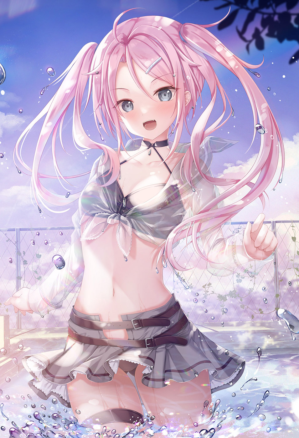 1girl :d ahoge ass_visible_through_thighs belt bikini black_bikini black_choker blue_eyes breasts choker collarbone crop_top front-tie_top grey_skirt hair_ornament hairclip halterneck highres long_hair looking_at_viewer medium_breasts midriff miniskirt navel open_fly original pink_hair revealing_clothes see-through sheer_clothes shirt skirt smile solo sousouman standing stomach string_bikini swimsuit thigh_strap thighs twintails wading water wet white_shirt