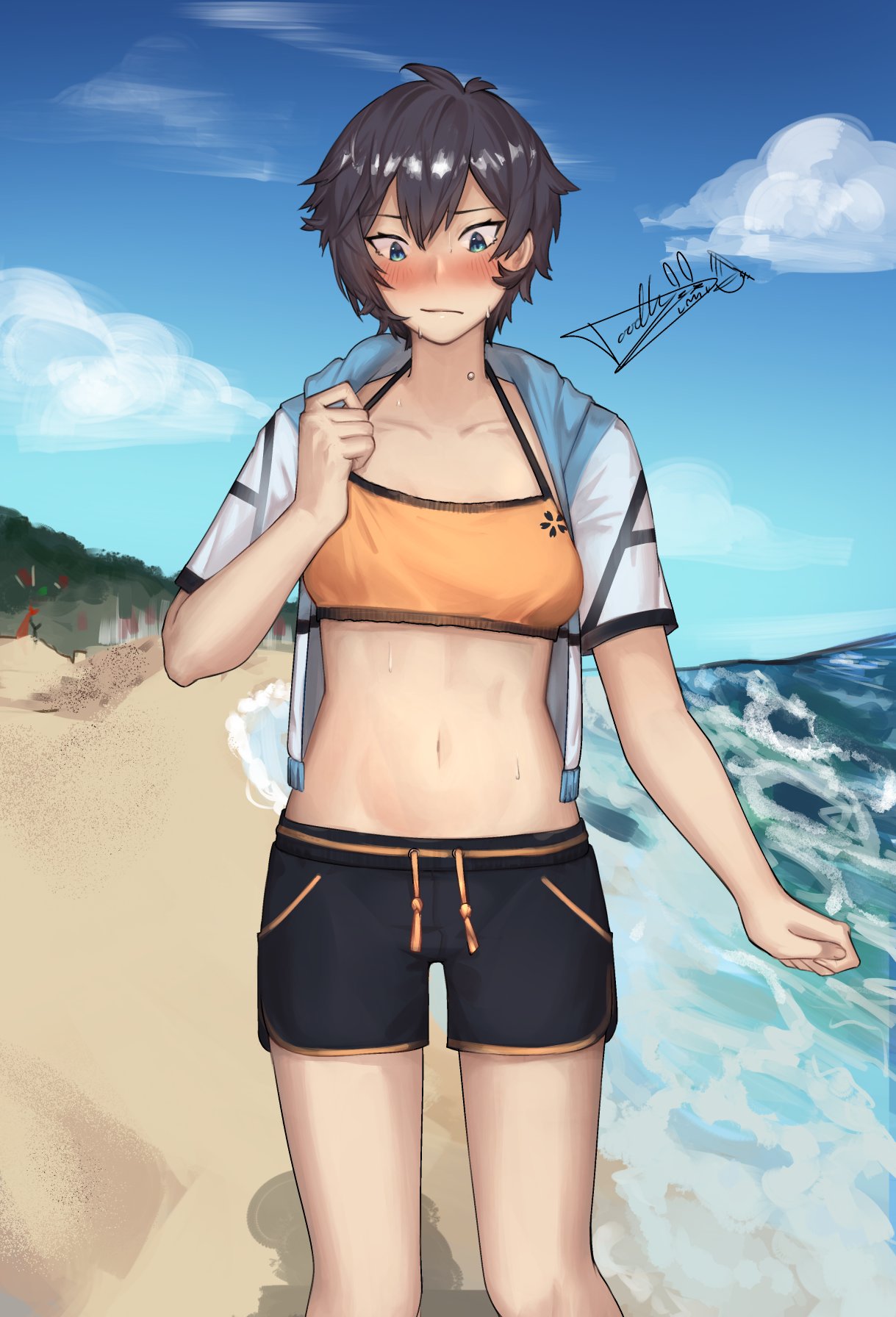 1girl alwaysdoodlin beach blue_eyes blue_sky blush breasts brown_hair clouds drawstring embarrassed highres jacket jacket_over_swimsuit male_swimwear navel ocean original shadow short_shorts shorts signature sky small_breasts solo sweat swim_trunks swimsuit water white_jacket