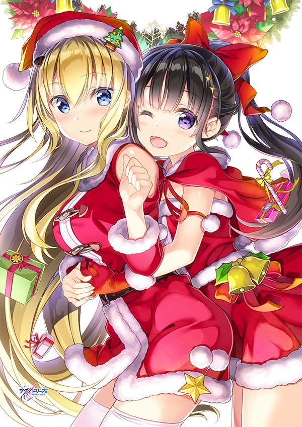 2girls bell black_hair blonde_hair blue_eyes blush bow bowtie box breasts christmas christmas_tree_hair_ornament copyright_request cowboy_shot eyebrows_visible_through_hair flat_chest fujima_takuya gift gift_box gloves hair_ornament hair_ribbon hug hug_from_behind large_breasts long_hair looking_at_viewer looking_to_the_side multiple_girls one_eye_closed red_bow red_bowtie red_gloves red_headwear red_ribbon ribbon simple_background star_(symbol) thigh-highs thighs violet_eyes white_background white_legwear yuri