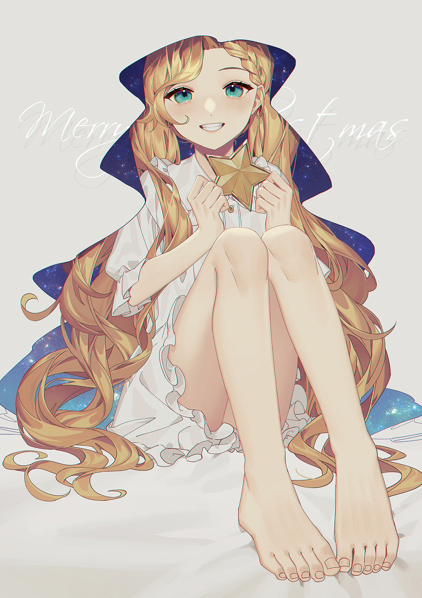 1girl barefoot blonde_hair blue_eyes christmas dress feet highres holding long_hair looking_at_viewer merry_christmas original simple_background sitting smile solo star_(symbol) thighs wenz white_dress