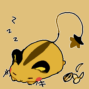 animal_focus blush_stickers closed_eyes commentary_request dedenne full_body jaggy_line lowres lying no_humans nut_(food) on_stomach orange_background orange_theme outline oyama_yoihaya pokemon pokemon_(creature) simple_background sleeping solo white_outline zzz