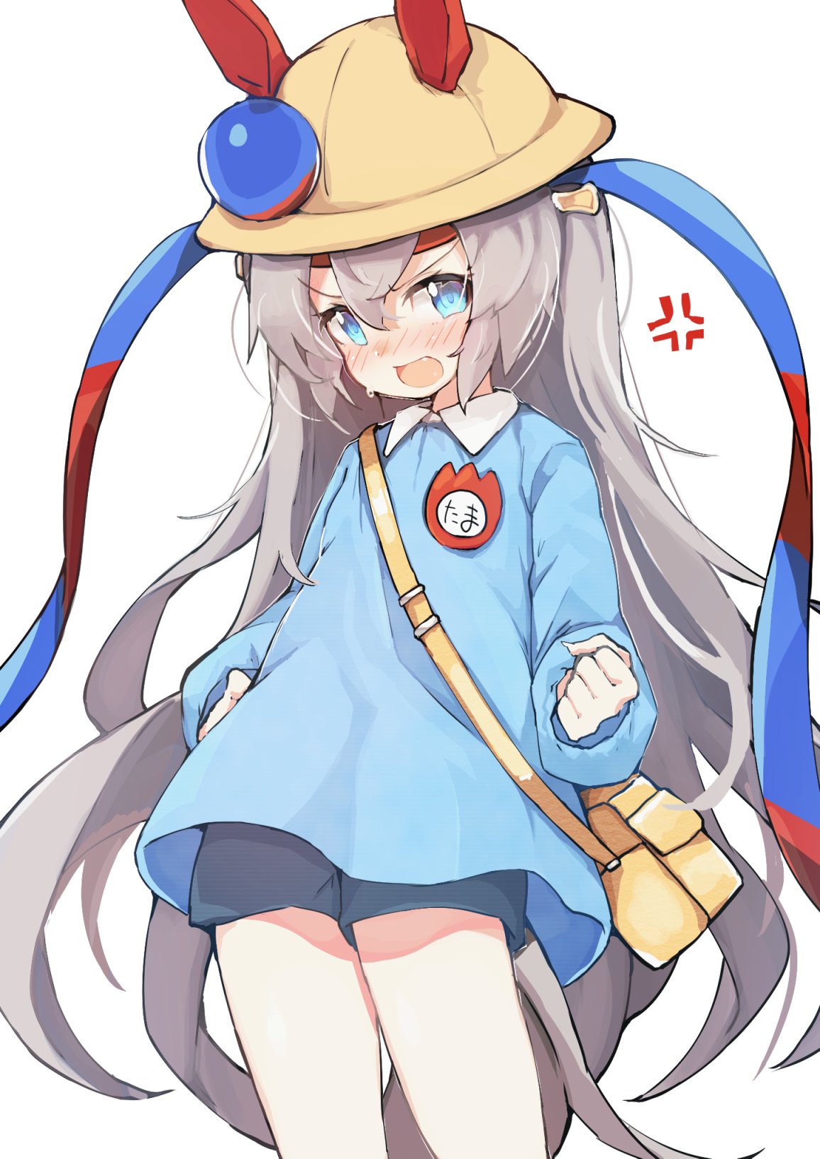 1girl anger_vein animal_ears bangs blue_eyes blush clenched_hand commentary_request cowboy_shot ears_through_headwear embarrassed grey_hair hair_between_eyes hat headband highres horse_ears kindergarten_uniform long_hair long_sleeves looking_at_viewer name_tag nose_blush open_mouth red_headband school_hat shorts simple_background solo tamamo_cross_(umamusume) teranekosu umamusume very_long_hair white_background
