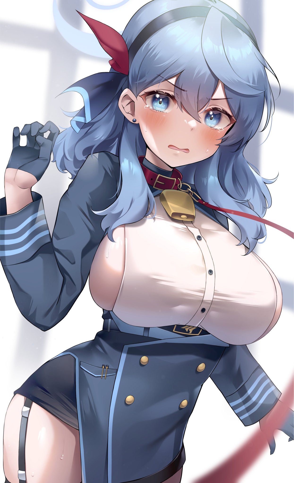 1girl ako_(blue_archive) bell blue_archive blue_eyes blue_hair blush breasts collar commentary_request earrings eyebrows_visible_through_hair gloves hair_between_eyes hair_ornament hairband highres jewelry large_breasts looking_at_viewer neck_bell open_mouth sideboob tearing_up thigh-highs uniform usa_b