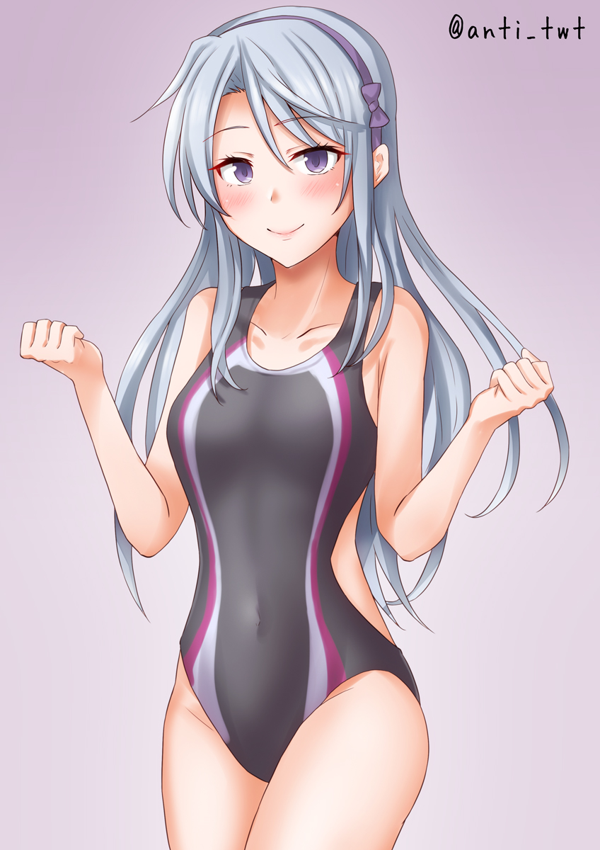 1girl anti_(untea9) asymmetrical_bangs bangs black_swimsuit blush breasts collarbone competition_swimsuit cover covered_navel cowboy_shot eyebrows_visible_through_hair gradient gradient_background grey_hair hairband highres kantai_collection lips long_hair multicolored_clothes multicolored_swimsuit one-piece_swimsuit pink_background purple_hairband sagiri_(kancolle) silver_hair small_breasts solo swimsuit twitter_username violet_eyes