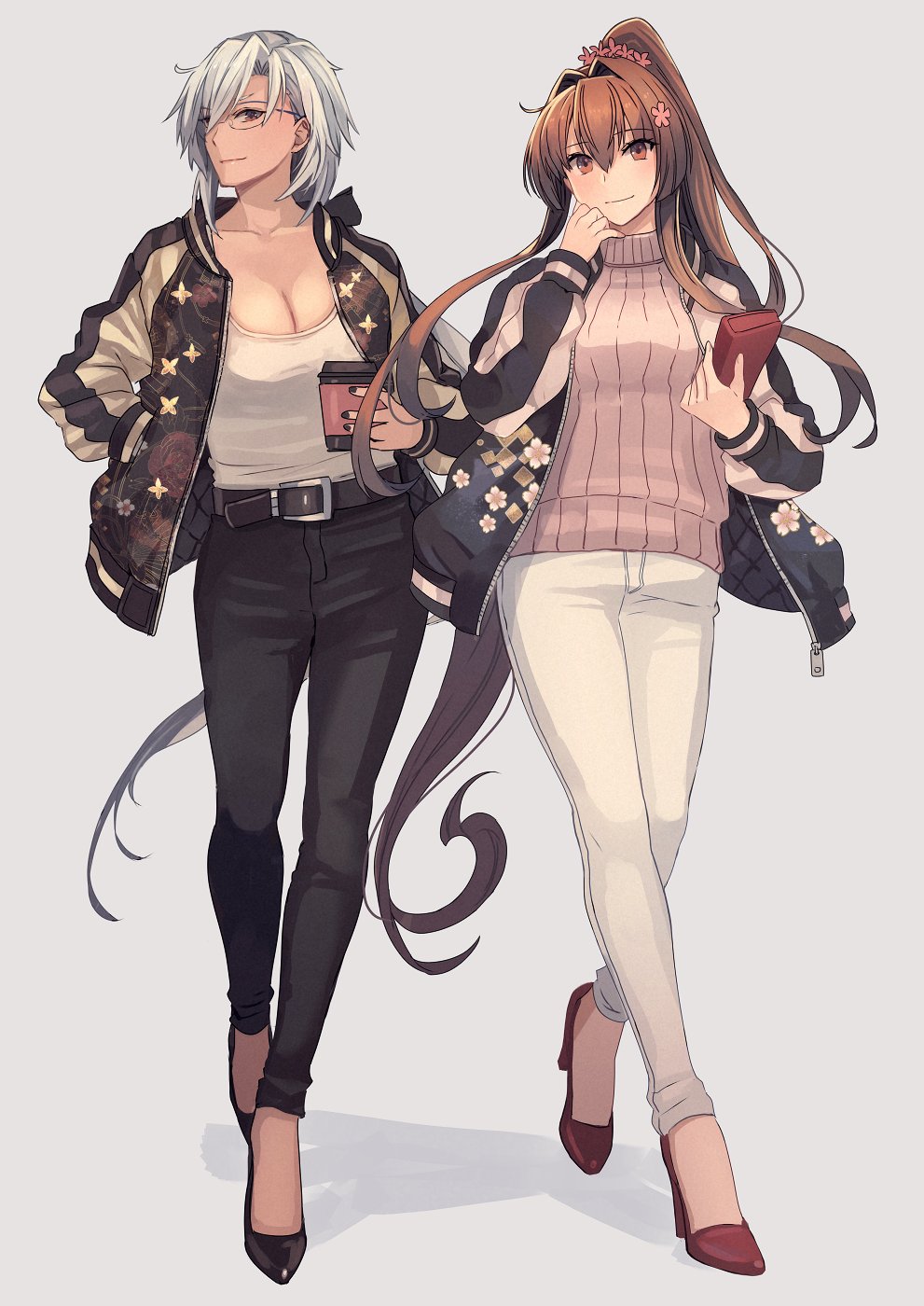 2girls beige_background belt belt_buckle black_belt black_footwear black_jacket black_pants brown_eyes brown_hair brown_sweater buckle closed_mouth coffee_cup collarbone cup disposable_cup eyebrows_visible_through_hair floral_print flower full_body glasses hair_between_eyes hair_flower hair_ornament hand_in_pocket high_heels highres holding holding_cup jacket kantai_collection kasumi_(skchkko) long_hair long_sleeves multiple_girls musashi_(kancolle) open_clothes open_jacket pants pink_flower red_footwear ribbed_sweater silver_hair simple_background smile sweater very_long_hair white_pants yamato_(kancolle)