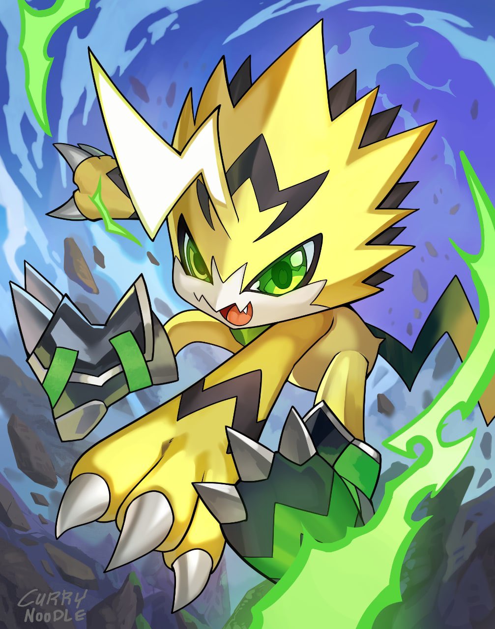 blue_background claws commentary debris digimon digimon_(creature) energy english_commentary fang green_eyes highres lightning_bolt_symbol looking_at_viewer no_humans open_mouth pulsemon signature solo tail yellow_fur yeo_yee_heng