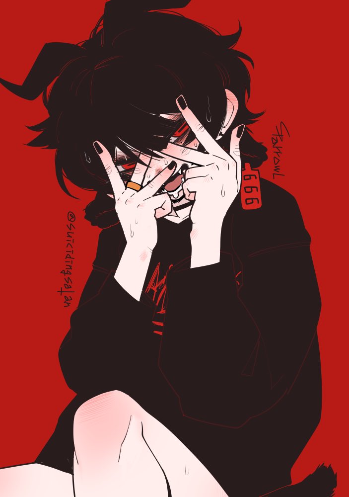 black_choker blush choker copyright_request covering_face earrings embarrassed fangs hood hoodie horizontal_pupils horns jewelry limited_palette looking_at_viewer medium_hair mole mole_under_eye open_mouth red_background red_eyes simple_background sparrowl tail