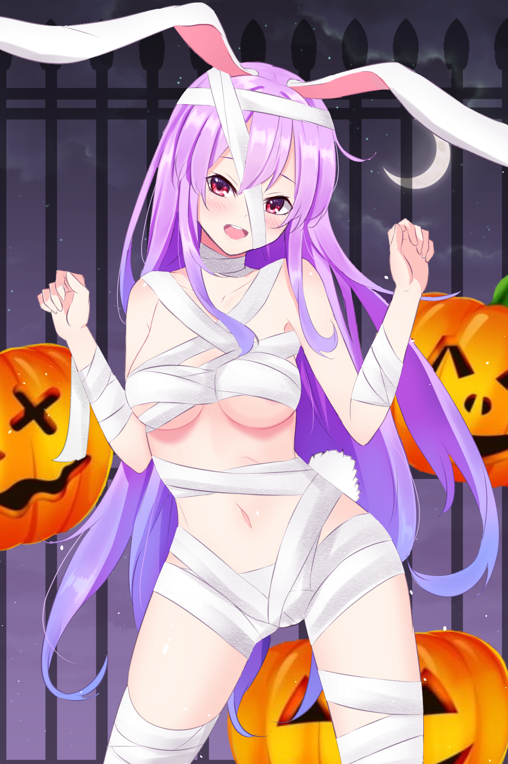 1girl :d ^_^ animal_ears bandaged_arm bandaged_head bandaged_leg bandaged_neck bandages bangs blush breasts closed_eyes collarbone eyelashes feet_out_of_frame gate halloween halloween_costume highres jack-o'-lantern long_hair looking_at_viewer medium_breasts naked_bandage navel no_bra open_mouth purple_hair rabbit_ears rabbit_tail red_eyes reisen_udongein_inaba shiny shiny_hair sidelocks smile solo standing stomach tail teeth thighs tongue touhou upper_teeth xialuluo_(sharuro)