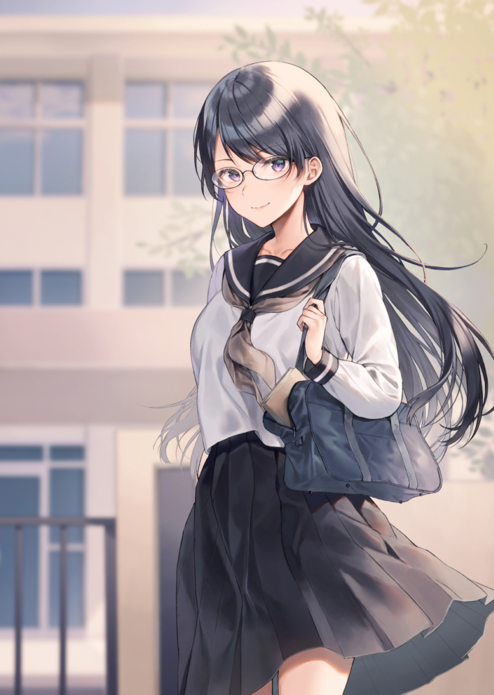 1girl bag bangs black_hair black_sailor_collar black_skirt blurry blurry_background brown_neckerchief building closed_mouth commentary_request day depth_of_field eyebrows_visible_through_hair gate glasses hand_up holding_strap looking_at_viewer midorikawa_you neckerchief original outdoors pleated_skirt sailor_collar school_bag school_uniform serafuku shirt skirt smile solo violet_eyes white_shirt window