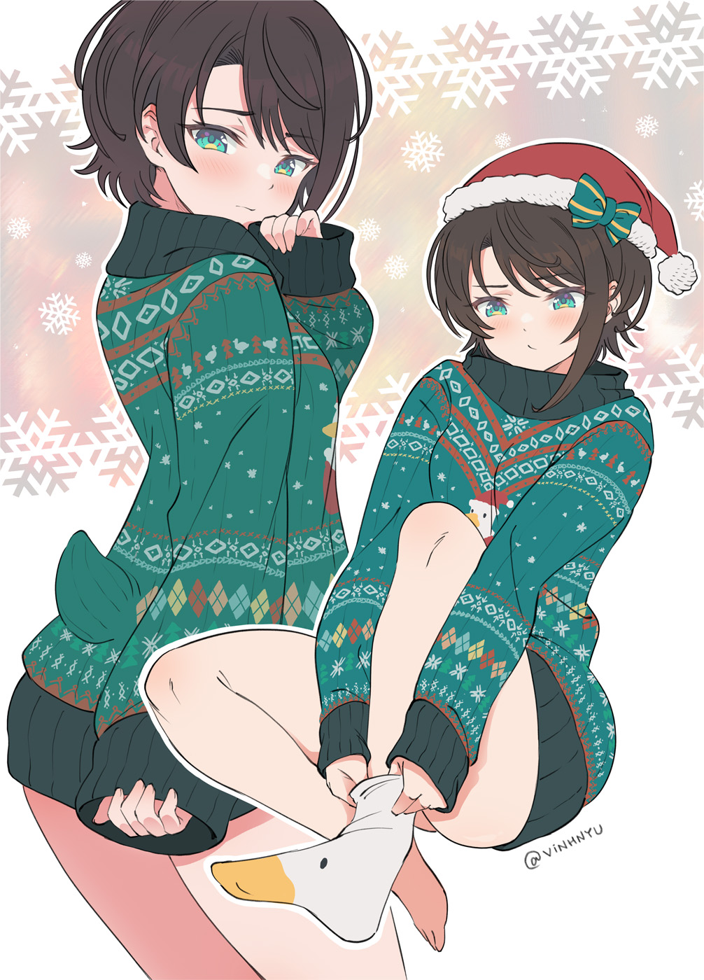1girl bangs bird_tail black_hair blush bow christmas closed_mouth commentary_request dress fur_trim green_bow green_eyes green_sweater hat highres hololive long_sleeves oozora_subaru santa_hat short_hair socks striped striped_bow sweater sweater_dress tail twitter_username vinhnyu virtual_youtuber