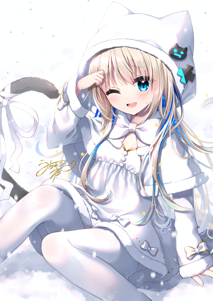 1girl ;d animal_ears animal_hood arm_up bangs blonde_hair blue_eyes blue_hair capelet cat_ears cat_hood cat_tail commentary_request dress eyebrows_visible_through_hair fake_animal_ears feet_out_of_frame fur-trimmed_capelet fur-trimmed_dress fur-trimmed_hood fur-trimmed_sleeves fur_trim hood hood_up hooded_capelet indie_virtual_youtuber long_hair long_sleeves multicolored_hair one_eye_closed pantyhose ribbon signature sleeves_past_wrists smile snow snowing solo tail tail_ornament tail_ribbon two-tone_hair uchuuneko uchuuneko_(vtuber) very_long_hair virtual_youtuber white_capelet white_dress white_legwear white_ribbon