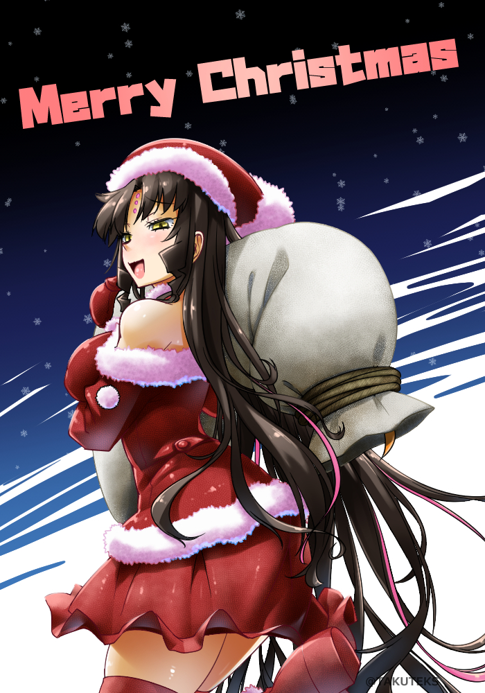 1girl black_hair breasts christmas fate/grand_order fate_(series) fur-trimmed_headwear hat holding holding_sack large_breasts long_hair merry_christmas multicolored_hair purple_hair red_headwear sack santa_costume santa_hat sesshouin_kiara streaked_hair takuteks very_long_hair yellow_eyes