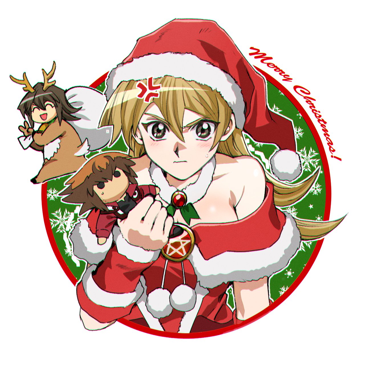 1girl 203wolves 2boys christmas santa_costume santa_hat tenjouin_asuka tenjouin_fubuki yu-gi-oh! yu-gi-oh!_gx yuu-gi-ou yuu-gi-ou_gx yuuki_juudai