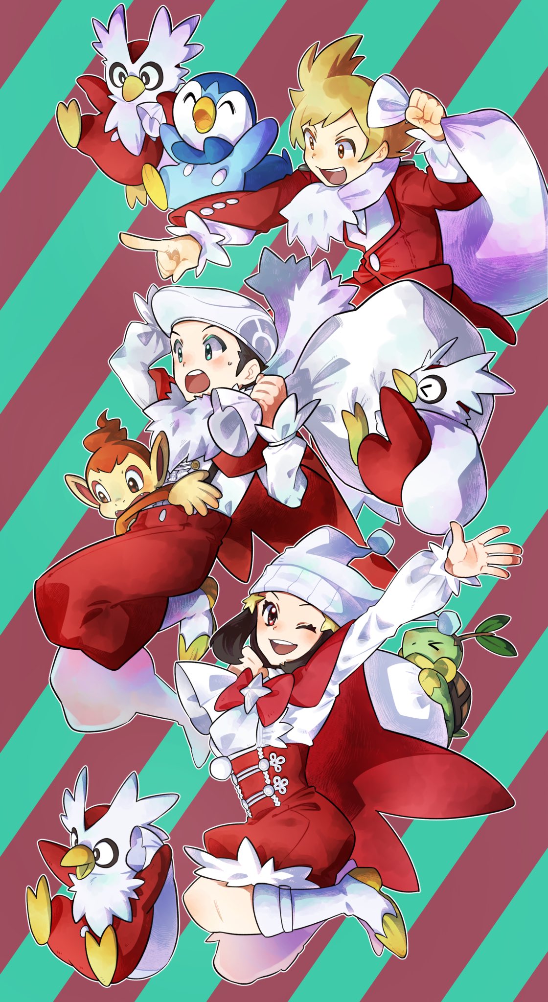 1girl 2boys :d alternate_costume bangs barry_(pokemon) blonde_hair boots buttons chimchar christmas commentary delibird hat highres hikari_(pokemon) long_sleeves lucas_(pokemon) multiple_boys open_mouth piplup pkpokopoko3 pointing pokemon pokemon_(creature) pokemon_(game) pokemon_dppt short_hair smile spread_fingers teeth tongue turtwig upper_teeth white_footwear white_headwear