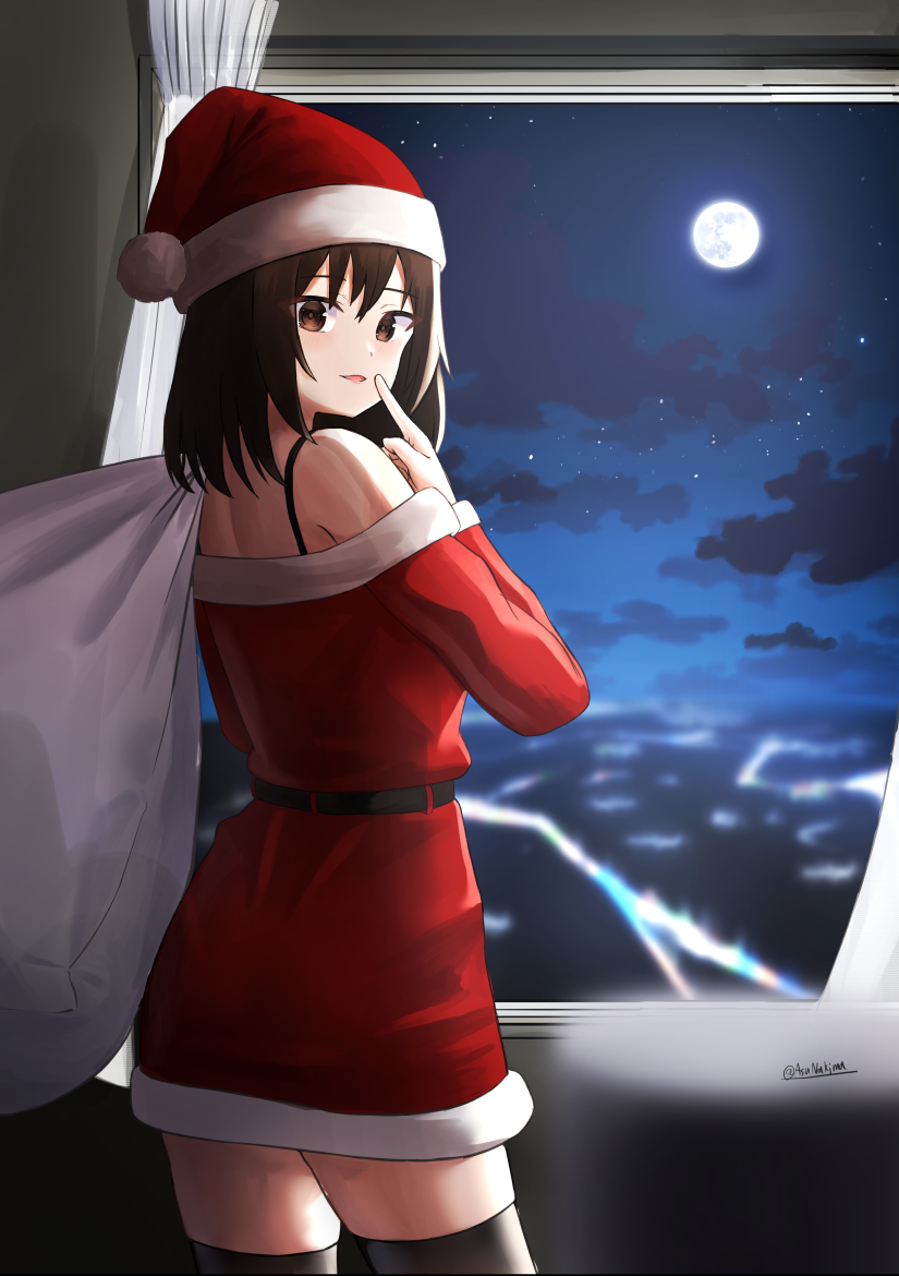 1girl black_hair blush brown_eyes finger_to_mouth from_behind keiyo_earth looking_at_viewer looking_back moon night open_mouth santa_costume signature sky smile solo standing star_(sky) starry_sky thigh-highs zettai_ryouiki
