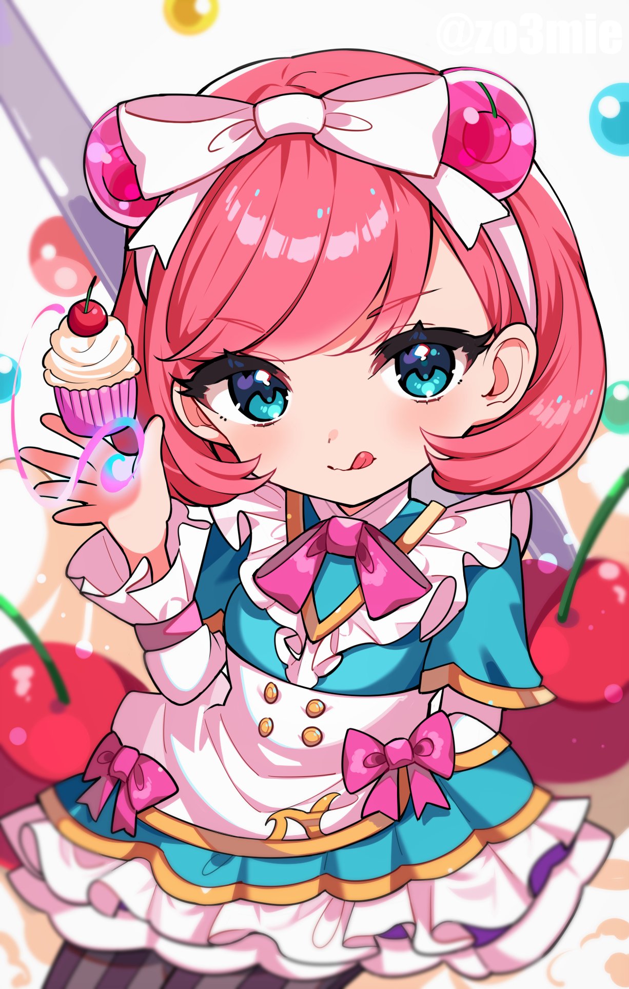 1girl :q apron blue_eyes blue_shirt blush bob_cut bow bowtie buttons character_request cherry cupcake double-breasted food fruit hair_bow highres holding inuyama_nanami league_of_legends looking_at_viewer medium_hair pantyhose pink_bow pink_bowtie shirt smile solo striped striped_legwear tongue tongue_out waist_apron white_apron white_bow