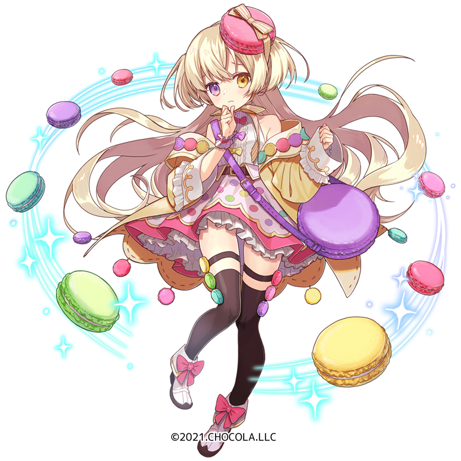 1girl bare_shoulders black_legwear blonde_hair blush boots brown_eyes brown_jacket closed_mouth commentary_request copyright_request food frilled_skirt frills heterochromia jacket long_hair long_sleeves looking_at_viewer macaron miyoshino off_shoulder official_art open_clothes open_jacket pinching_sleeves pink_skirt polka_dot_skirt shirt simple_background skirt sleeveless sleeveless_shirt sleeves_past_wrists solo sparkle thigh-highs thighhighs_under_boots very_long_hair violet_eyes white_background white_footwear white_shirt wrist_cuffs