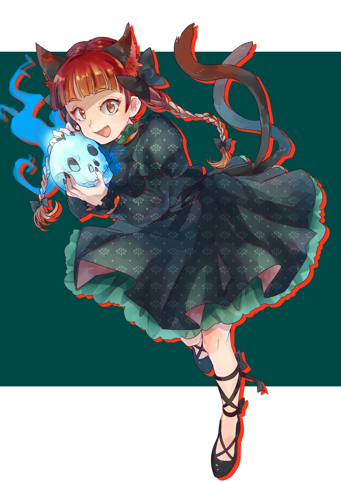 1girl animal_ears black_bow black_nails blue_fire bow braid cat_ears chromatic_aberration dress extra_ears fang fingernails fire ghost green_background green_dress highres hitodama holding holding_skull kaenbyou_rin leg_ribbon long_fingernails nail_polish one-hour_drawing_challenge open_mouth red_eyes redhead ribbon simple_background skull slit_pupils smile solo takahashi_kouta touhou twin_braids