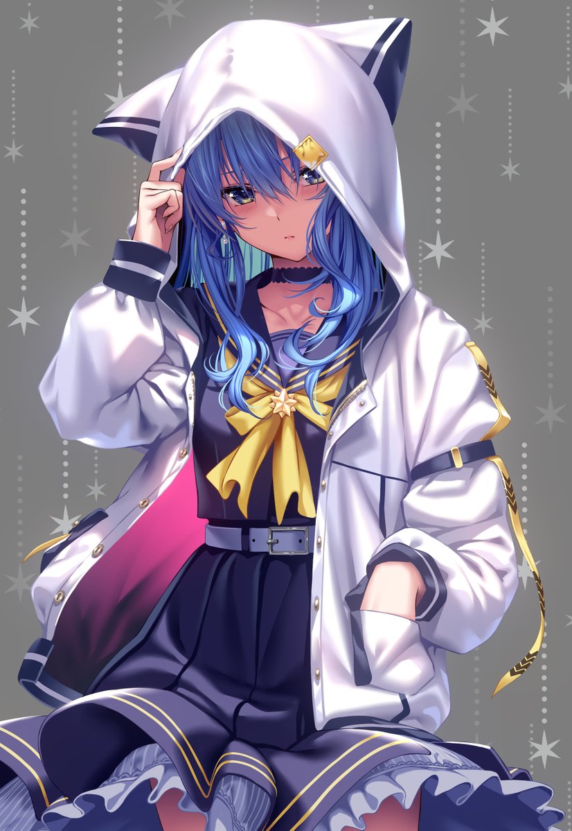 1girl animal_hood arm_strap belt blue_choker blue_eyes blue_hair blue_shirt blue_skirt blush breasts choker closed_mouth commentary cowboy_shot earrings expressionless frilled_skirt frills grey_background grey_belt hair_between_eyes hand_in_pocket hololive hood hood_up hooded_jacket hoshimachi_suisei jacket jewelry long_hair long_sleeves looking_at_viewer official_alternate_costume open_clothes open_jacket patterned_background piromizu pleated_skirt ribbon sailor_collar school_uniform serafuku shirt simple_background skirt small_breasts solo star_(symbol) star_in_eye symbol_in_eye virtual_youtuber white_jacket yellow_ribbon