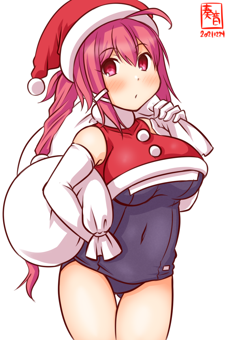 1girl artist_logo blouse blue_swimsuit blush breasts christmas covered_navel cowboy_shot dated elbow_gloves eyebrows_visible_through_hair fur-trimmed_headwear fur_collar gloves hair_between_eyes hair_ribbon hat holding holding_sack i-168_(kancolle) kanon_(kurogane_knights) kantai_collection long_hair looking_at_viewer medium_breasts merry_christmas one-hour_drawing_challenge pink_hair ponytail red_blouse red_eyes redhead ribbon sack santa_costume santa_hat school_swimsuit simple_background solo swimsuit swimsuit_under_clothes white_background white_gloves