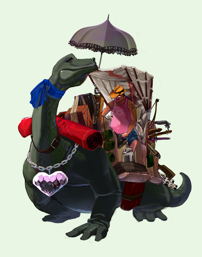 bow_(weapon) box canopy canopy_(shelter) chain chains collar dinosaur fedora glasses gun hat heart jewelry male necklace original rug s_kengo sheath sheathed solo sword tank_top tattoo umbrella weapon