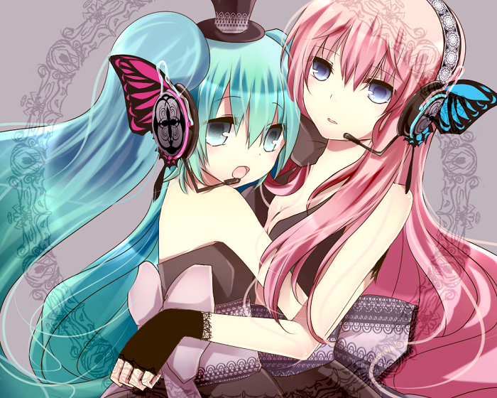 aqua_eyes aqua_hair bad_id blue_eyes butterfly butterfly_hair_ornament fingerless_gloves gloves hair_ornament hat hatsune_miku headset hug lace long_hair magnet_(vocaloid) megurine_luka monako multiple_girls pink_hair top_hat twintails vocaloid yuri