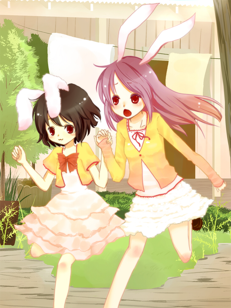 brown_hair bunny_ears frills inaba_tewi lissy long_hair purple_hair rabbit_ears red_eyes reisen_udongein_inaba riku_manoue short_hair touhou