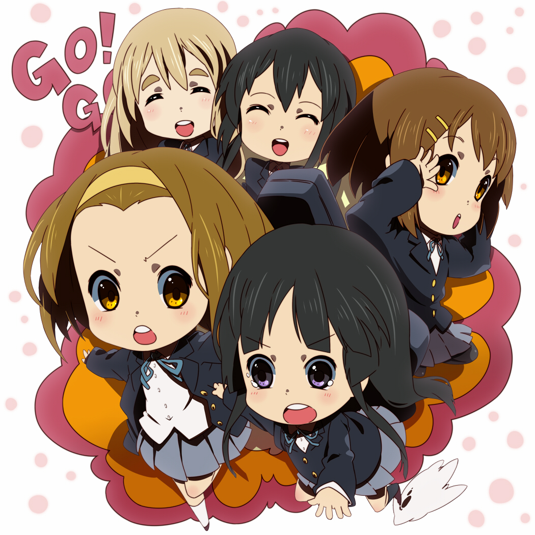 black_hair blonde_hair brown_eyes brown_hair chibi closed_eyes hajime_(hajime-ill-1st) hirasawa_yui k-on! kotobuki_tsumugi long_hair nakano_azusa pantyhose purple_eyes school_uniform short_hair tainaka_ritsu twintails violet_eyes