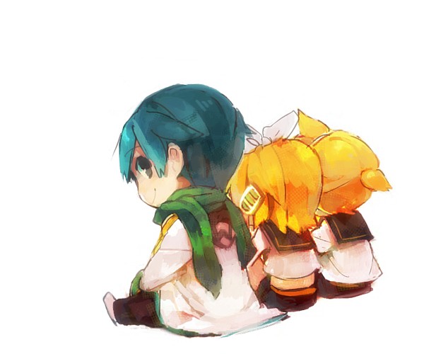 8'108 blonde_hair blue_eyes blue_hair chibi from_behind hair_ribbon headphones kagamine_len kagamine_rin kaito looking_back ribbon scarf short_hair simple_background sitting skirt vocaloid