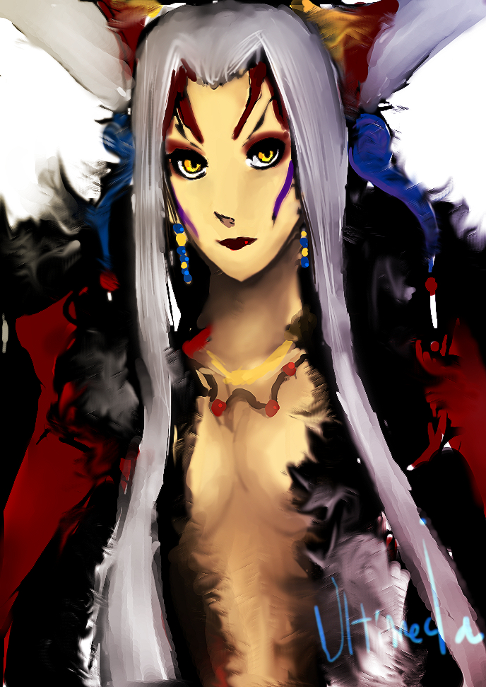 black_wings breasts cleavage dress earrings final_fantasy final_fantasy_viii grey_hair jewelry lips solo ultimecia wings yellow_eyes