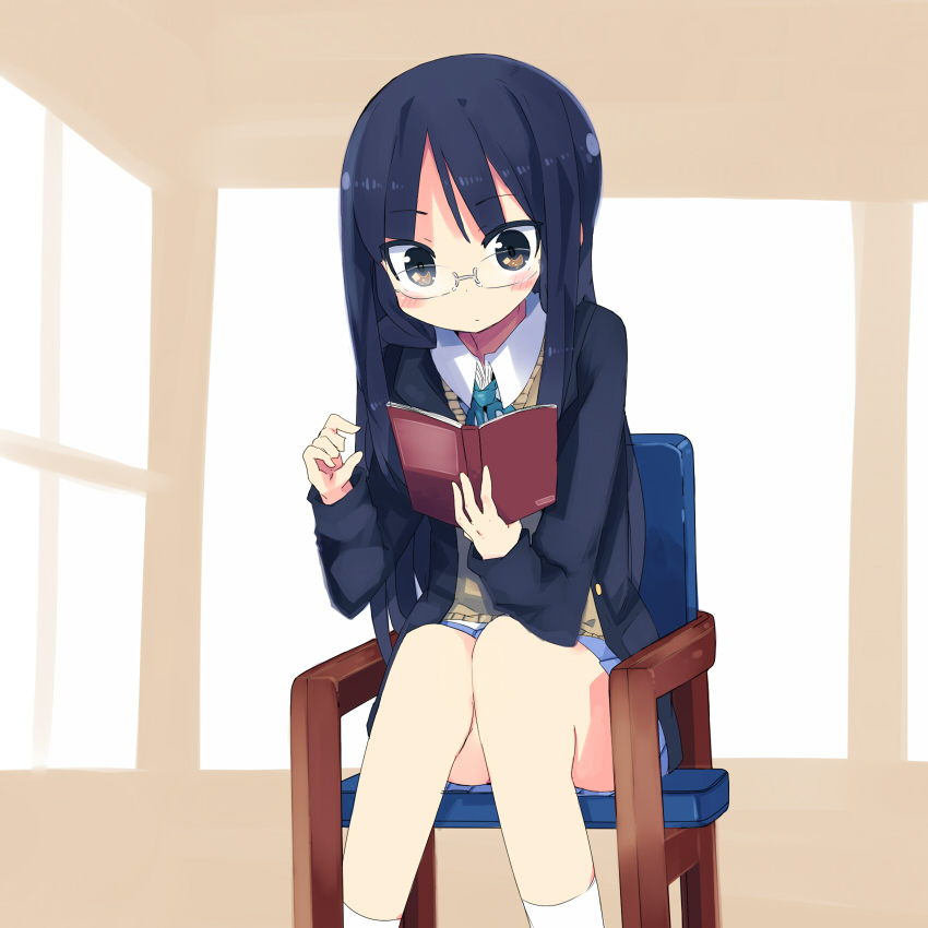 akiyama_mio bespectacled book chair extra glasses k-on! kanikama school_uniform sitting solo takahashi_fuuko