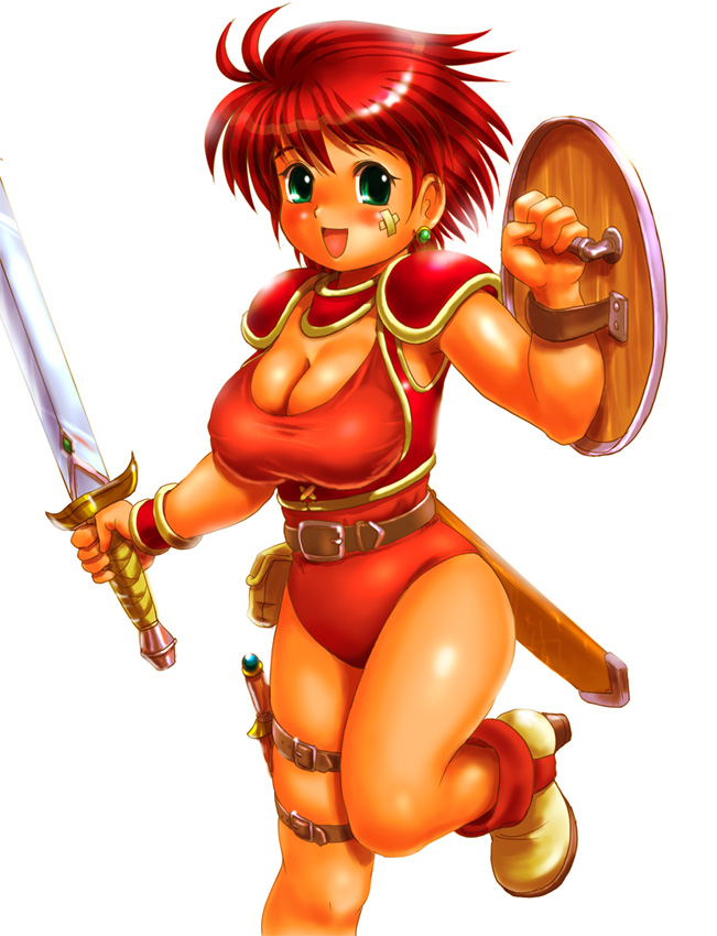 belt breasts cleavage final_fantasy final_fantasy_iii green_eyes green_hair large_breasts leotard moriichi red_hair redhead shield short_hair shoulder_pads smile sword warrior_of_the_light weapon