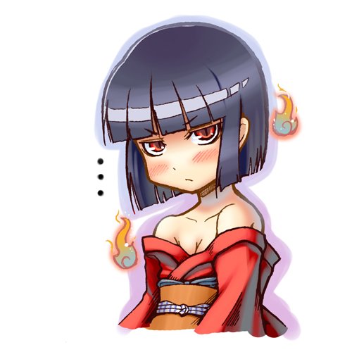 akaname akaname-san bad_id bangs bare_shoulders black_hair blunt_bangs blush bob_cut breasts bust cleavage flat_gaze frown hitodama japanese_clothes jingai_modoki kimono lowres original red_eyes short_hair solo