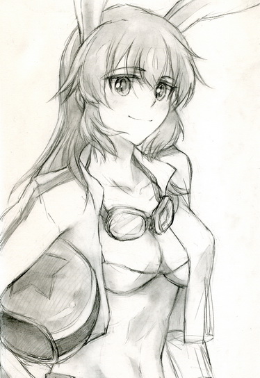 bikini breasts bunny_ears charlotte_e_yeager cleavage goggles helmet jacket kisetsu monochrome rabbit_ears sketch smile strike_witches swimsuit traditional_media