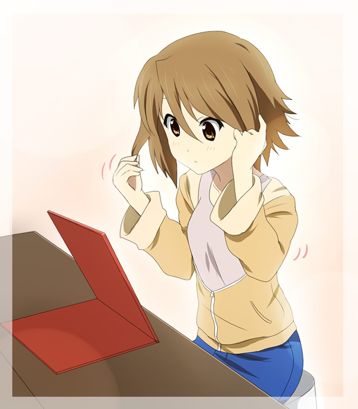 brown_eyes brown_hair casual face hair_down hair_tussle ikari_manatsu k-on! mirror short_hair sitting solo stool table tainaka_ritsu