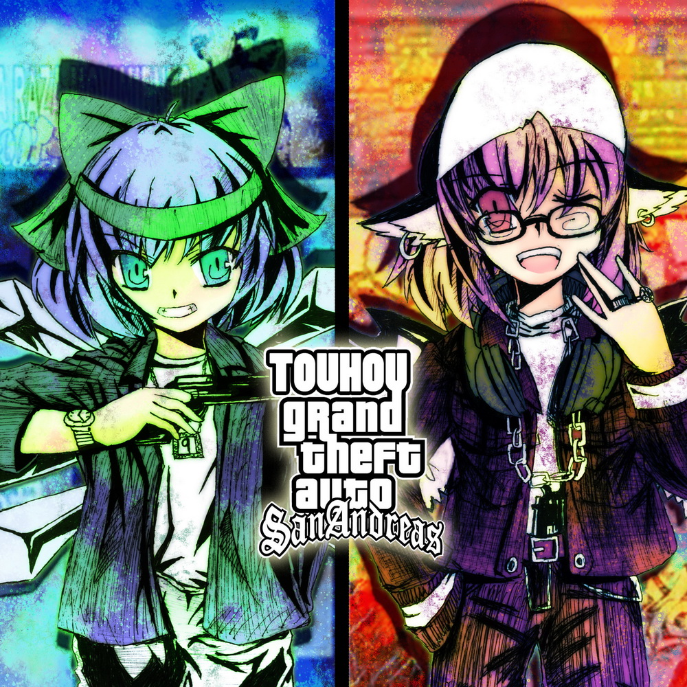 2girls alternate_costume bandage bandages bespectacled blue_eyes blue_hair bondson bow chain chains cirno contemporary earrings glasses grand_theft_auto grin gun hair_bow head_scarf headphones headphones_around_neck jacket jewelry multiple_girls mystia_lorelei pants parody pink_hair purple_eyes ring short_hair smile touhou violet_eyes weapon wings wink