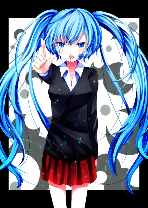 bandaid blood blue_eyes blue_hair hatsune_miku long_hair nakatanbo nosebleed pointing rolling_girl_(vocaloid) skirt twintails very_long_hair vocaloid