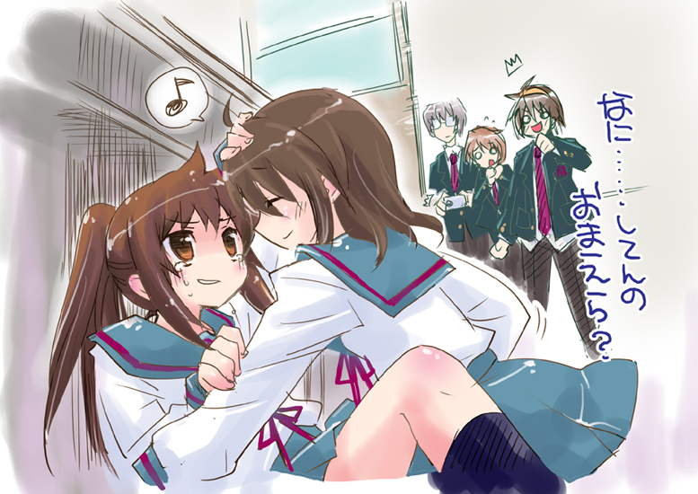 asahina_mikuru brown_eyes brown_hair camera closed_eyes genderswap glasses kagurazaka_nagu koizumi_itsuki_(female) kyonko long_hair musical_note nagato_yuki nagato_yuuki o_o ponytail school_uniform serafuku short_hair suzumiya_haruhi suzumiya_haruhi_no_yuuutsu suzumiya_haruhiko translated translation_request yuri