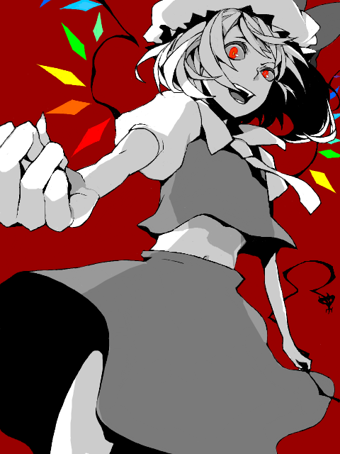 flandre_scarlet foreshortening from_below hands hat laevatein looking_down midriff monochrome navel open_mouth partially_colored red_background red_eyes short_hair spot_color tegaki touhou wings