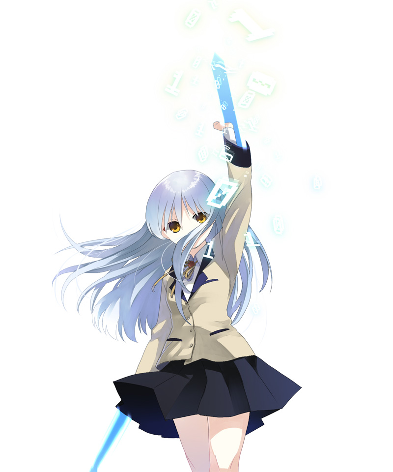 angel_beats! bad_id binary blade blazer blue_hair hi long_hair school_uniform shiohi skirt tachibana_kanade weapon yellow_eyes