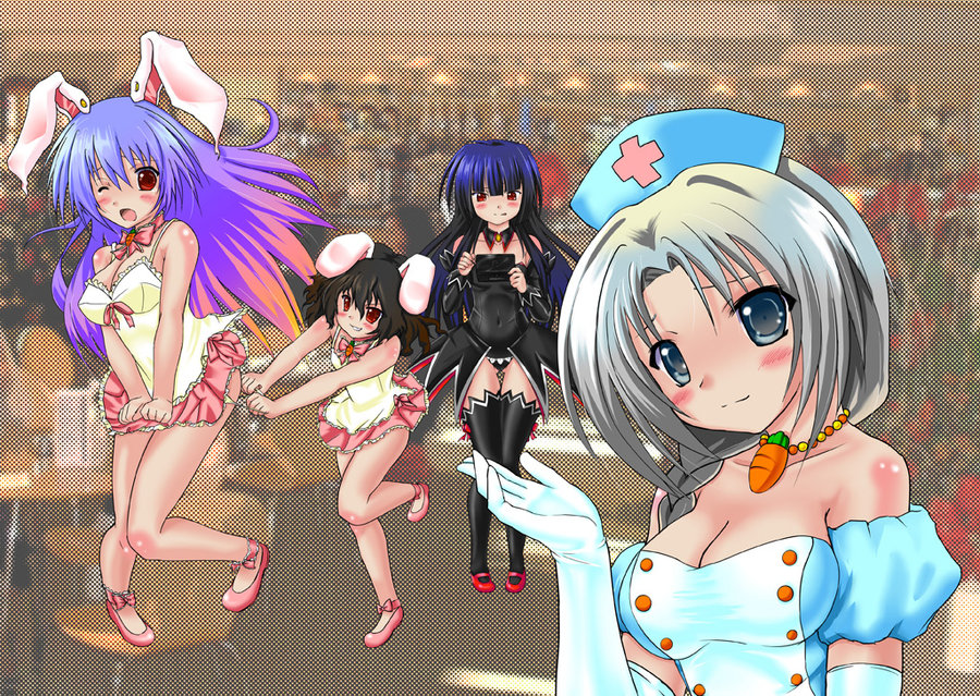 angel_mort animal_ears bare_shoulders blush bow breasts bunny_ears cleavage elbow_gloves gloves gradient_hair hat higurashi_no_naku_koro_ni houraisan_kaguya inaba_tewi jewelry long_hair multicolored_hair multiple_girls necklace nurse_cap on_one_leg panties panty_pull pia_carrot_e_youkoso!! rabbit_ears reisen_udongein_inaba short_hair skirt thighhighs touhou underwear wink yagokoro_eirin yo-chaosangel