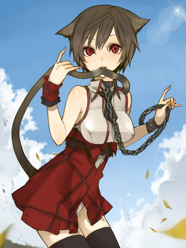 bare_shoulders bdsm biting bondage breasts brown_hair cat_ears cat_tail chain chains collar cuffs erect_nipples kurono_yuu large_breasts lens_flare mouth_hold pinky_out red_eyes short_hair slave sleeveless solo tail tail_bite tail_biting thigh-highs thighhighs wrist_cuffs zettai_ryouiki