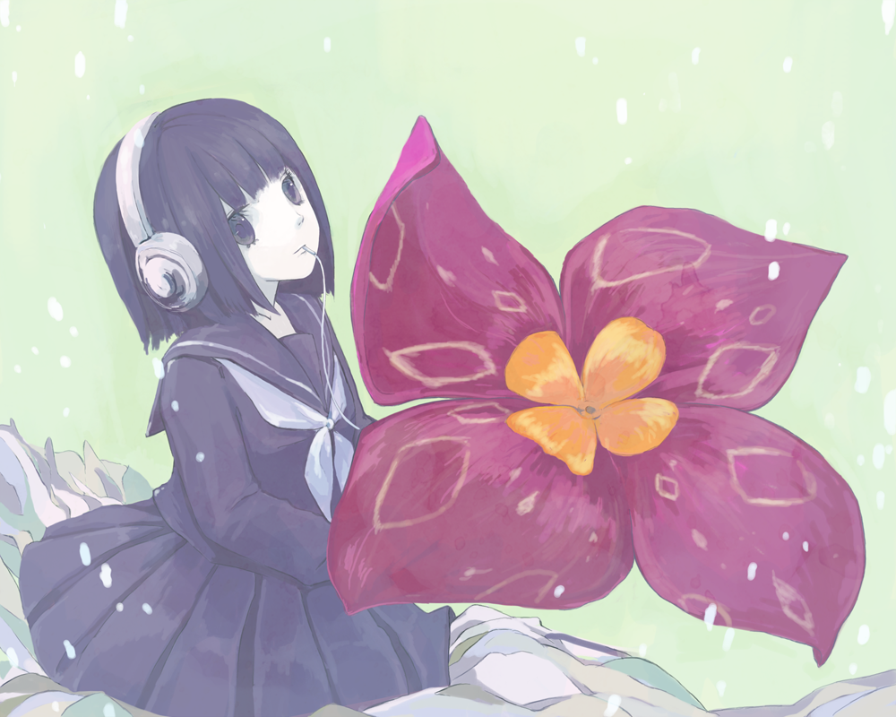 flower gabaisuito-n headphones monster_girl nene_nene plant school_uniform serafuku short_hair skirt solo utau