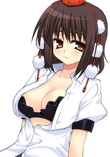 bra breasts brown_hair cleavage hat lingerie red_eyes shameimaru_aya short_hair solo takadoya tokin_hat touhou underwear