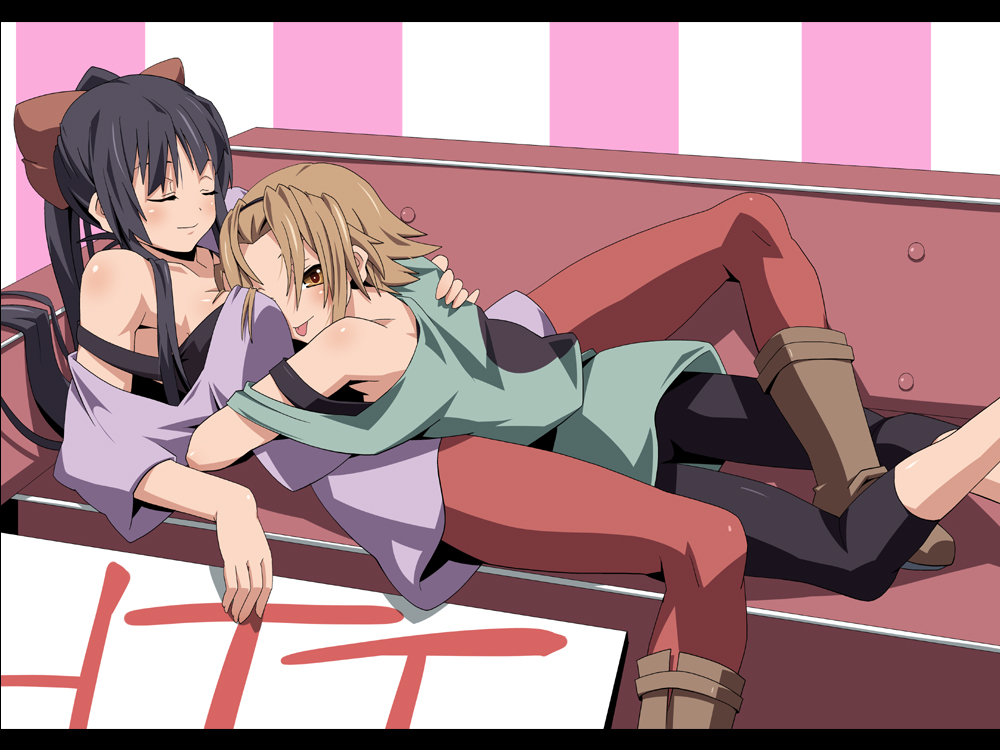 akiyama_mio bare_shoulders between_breasts between_legs black_hair black_legwear boots bow breast_pillow breast_smother breasts brown_eyes brown_hair casual closed_eyes hair_bow hug k-on! large_breasts leggings listen!! long_hair multiple_girls mutual_yuri pantyhose ponytail red_legwear shin'ya_(nanp) shinya_(nanpp) short_hair tainaka_ritsu tongue when_you_see_it yuri