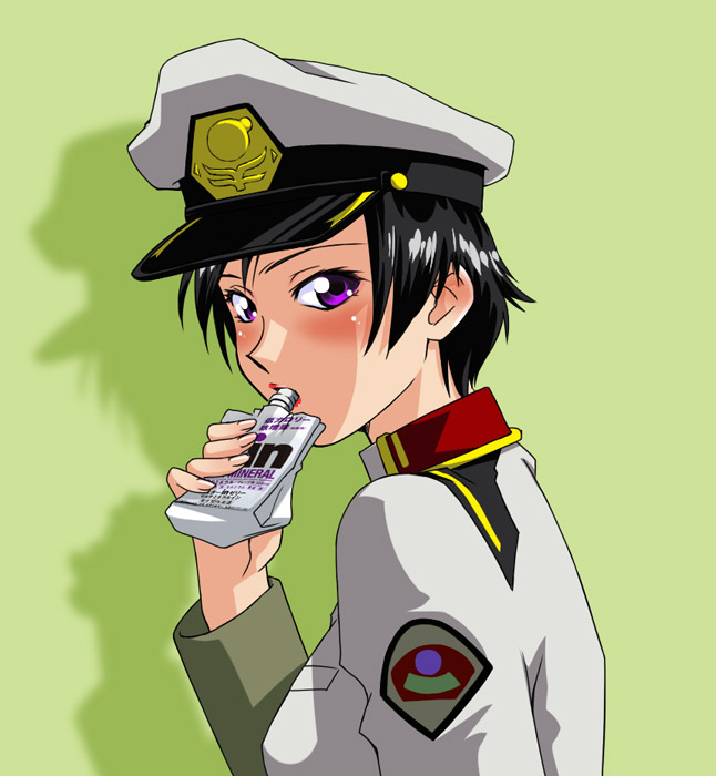 blush drinking gundam gundam_seed gundam_seed_destiny hat juice kazemal lips military military_cap military_uniform natarle_badgiruel purple_eyes short_hair solo sucking uniform violet_eyes